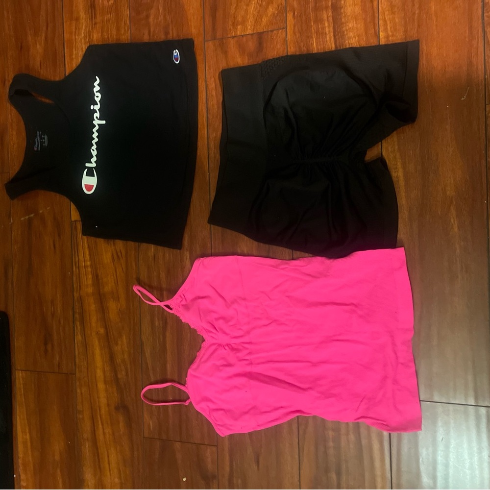 Champion Black Sports Bra and Pink Tank Top Trio